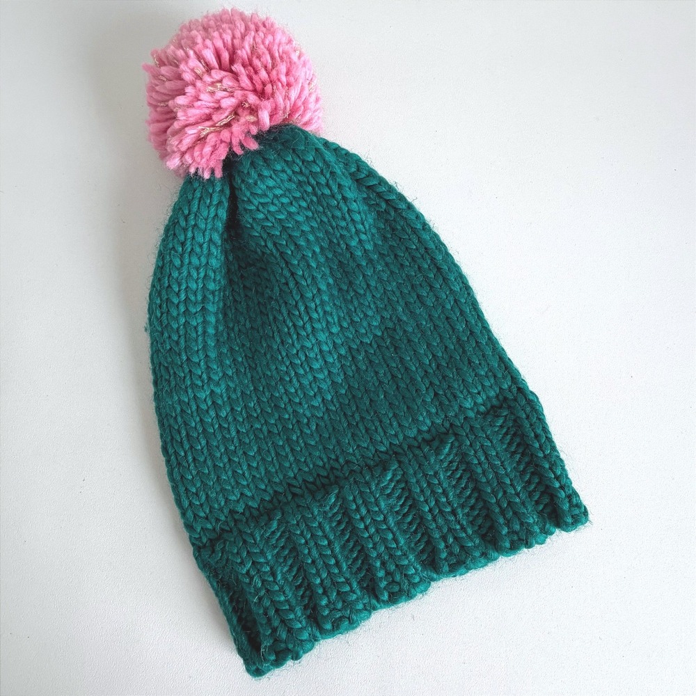 Caroline Kaufman Teal Green Chunky Knit Beanie Pink Pom Pom Gold Sparkle Wool